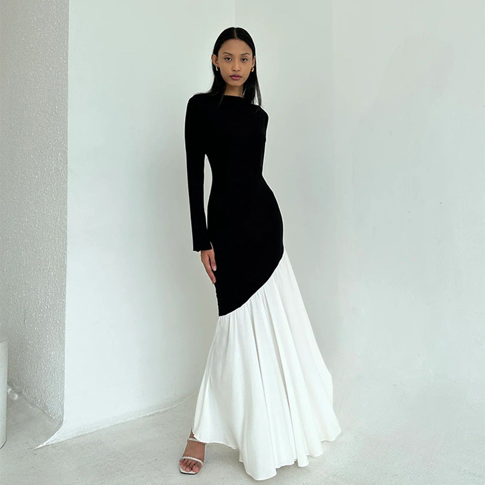 Damen elegantes, asymmetrisches Maxikleid mit langen Ärmeln und farblichen Kontrasten R&B