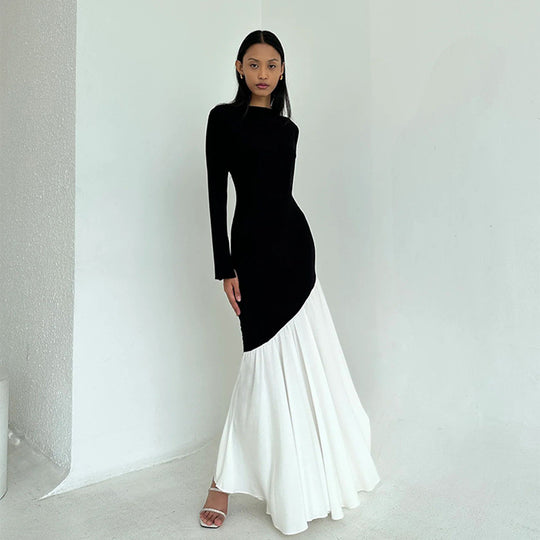 Damen elegantes, asymmetrisches Maxikleid mit langen Ärmeln und farblichen Kontrasten R&B