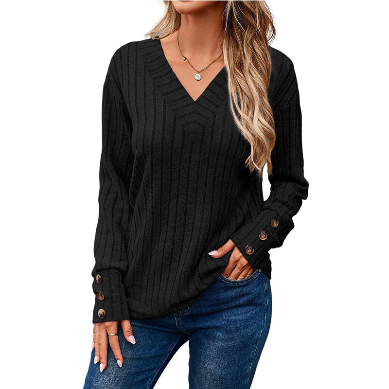 Damen V-Ausschnitt Pullover mit dekorativem Streifenmuster und Knopfdetails R&B