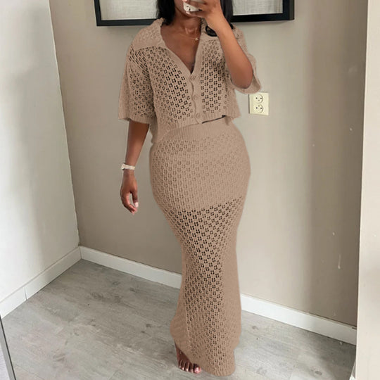 Damen gehäkeltes Crop-Top und Maxi-Rock Set R&B