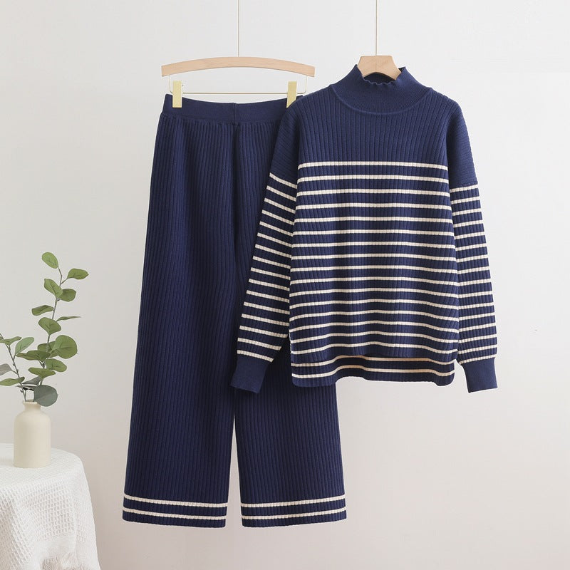 Damen gemütliches Strick-Loungewear-Set mit quer gestreiften Details R&B
