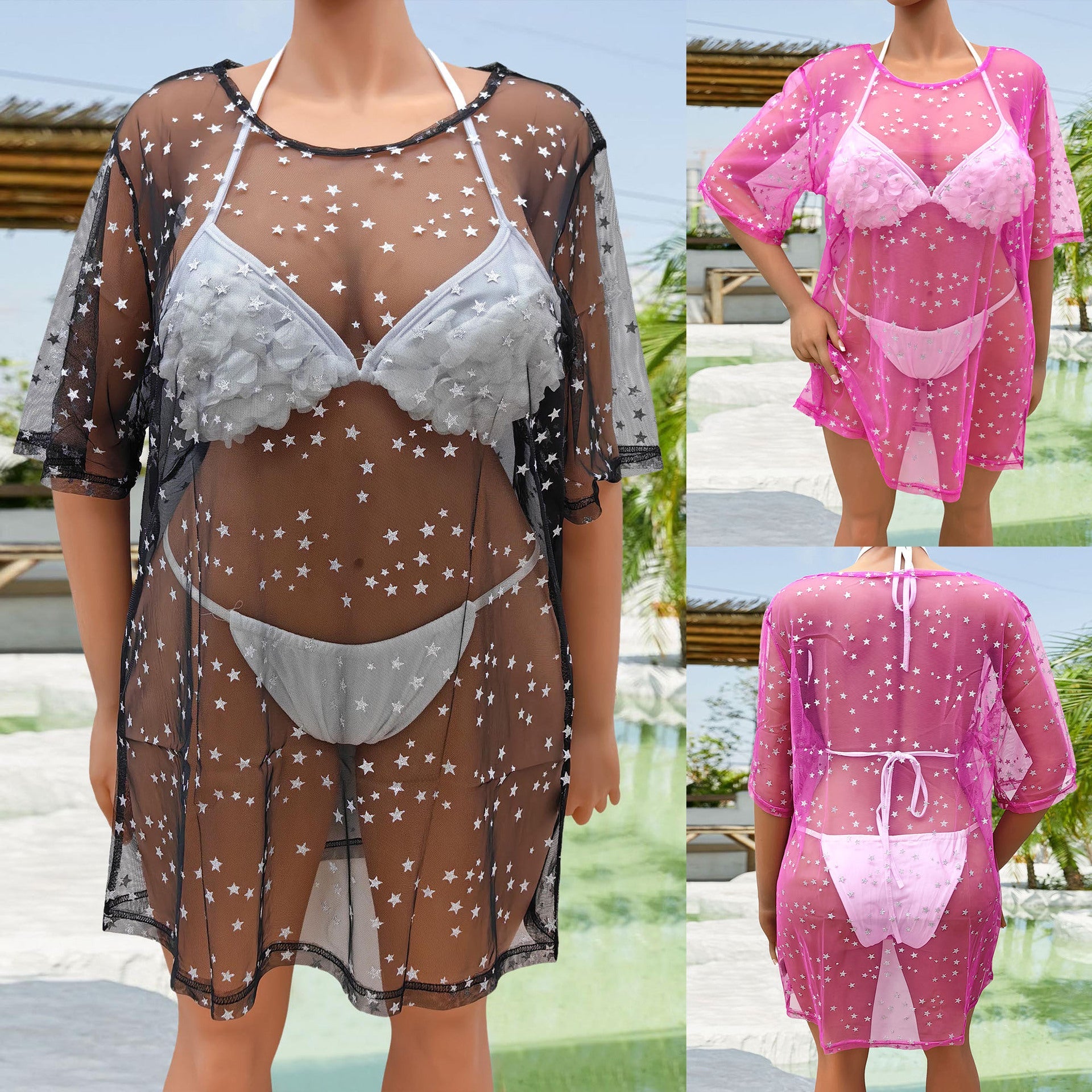 Damen transparenter Strandüberwurf mit funkelnden Sternen R&B
