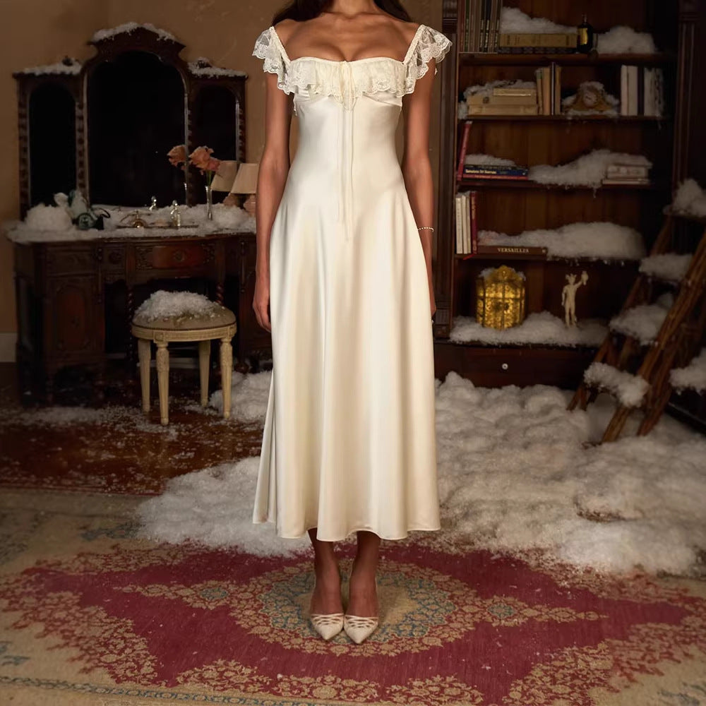 Damen Elegantes bodenlanges Kleid mit Spitzenbesatz R&B