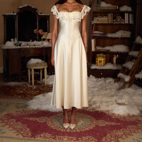 Damen Elegantes bodenlanges Kleid mit Spitzenbesatz R&B