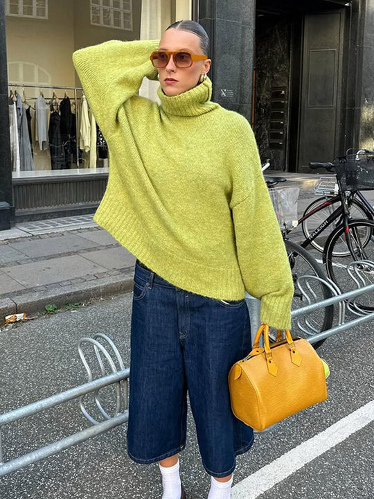 Damen gemütlicher Strickpullover mit hohem Kragen und überschnittenen Schultern R&B