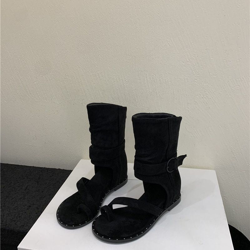Damen modische Stiefeletten mit offener Zehenpartie und flexiblem Riemen R&B