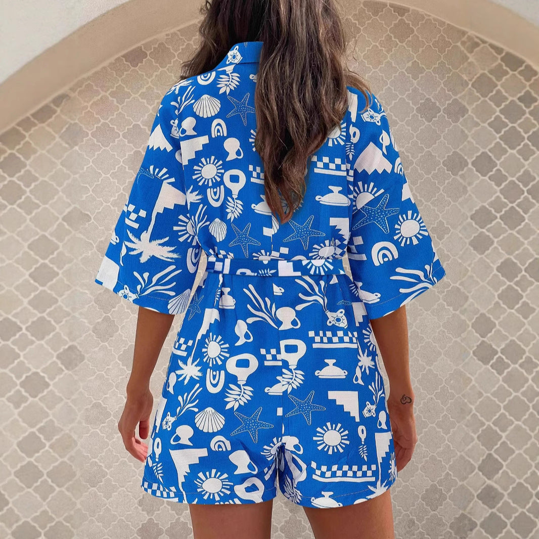 Damen Leichte Kurzarm-Bluse mit Bindegürtel R&B