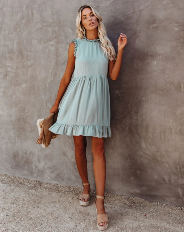 Damen lässiges Rüschendetails Kleid mit hohem Kragen R&B