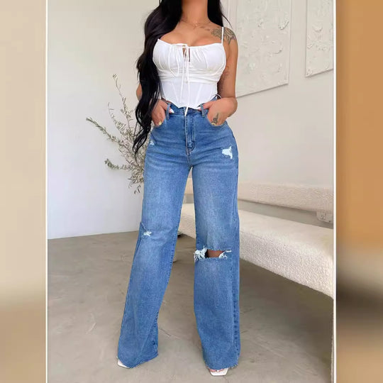 Damen Weit geschnittene Jeans mit distressed Details und hohem Bund R&B