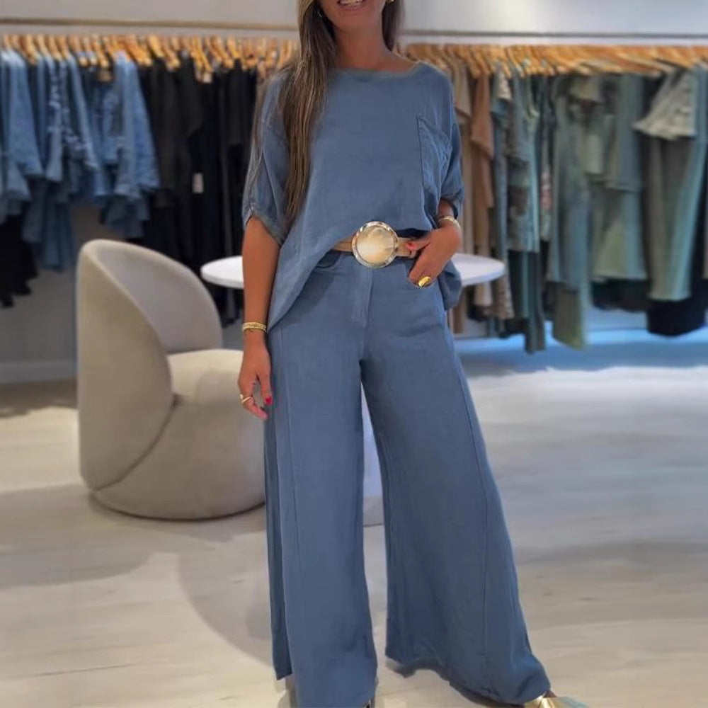 Damen nan lässiges Leinenmix-Zweiteiler mit kastigem Oversize-Top, aufgesetzter Brusttasche und weitem Palazzo-Hosenbein R&B