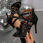 Damen Hochhackige Sandalen mit geflochtenen Riemen und verstellbarem Schnallenverschluss
