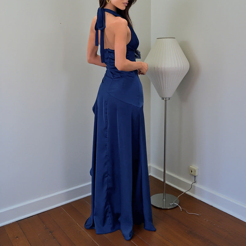Damen asymmetrisches Satin-Maxikleid mit tiefem V-Ausschnitt R&B