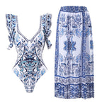 Damen Badeanzug-Set mit voluminösen Rüschendetails und elegantem Wickelrock R&B