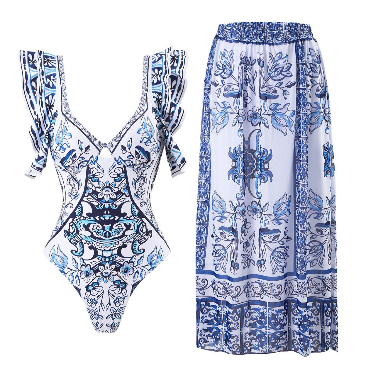 Damen Badeanzug-Set mit voluminösen Rüschendetails und elegantem Wickelrock R&B