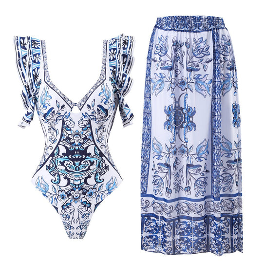 Damen Badeanzug-Set mit voluminösen Rüschendetails und elegantem Wickelrock R&B
