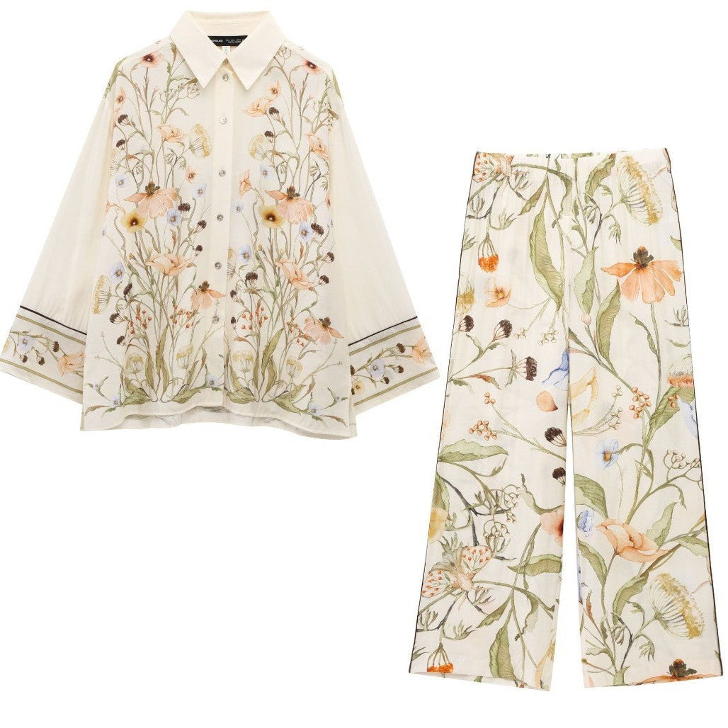 Damen nan weite Leinenhose mit hohem Bund, Palazzoschnitt und floraler Aquarell-Print R&B