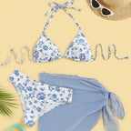 Damen Triangel-Bikini-Set mit romantischem Blumenmuster und eleganter Pareo R&B