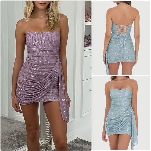 Damen Glamouröses Minikleid mit funkelnden Pailletten und asymmetrischem Schnitt R&B