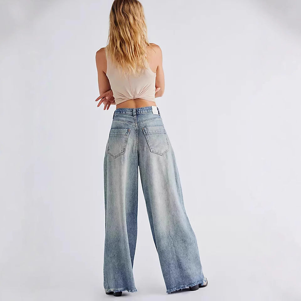 Damen Weite Denim-Hose mit fransigem Saum und hohen Schnitt R&B