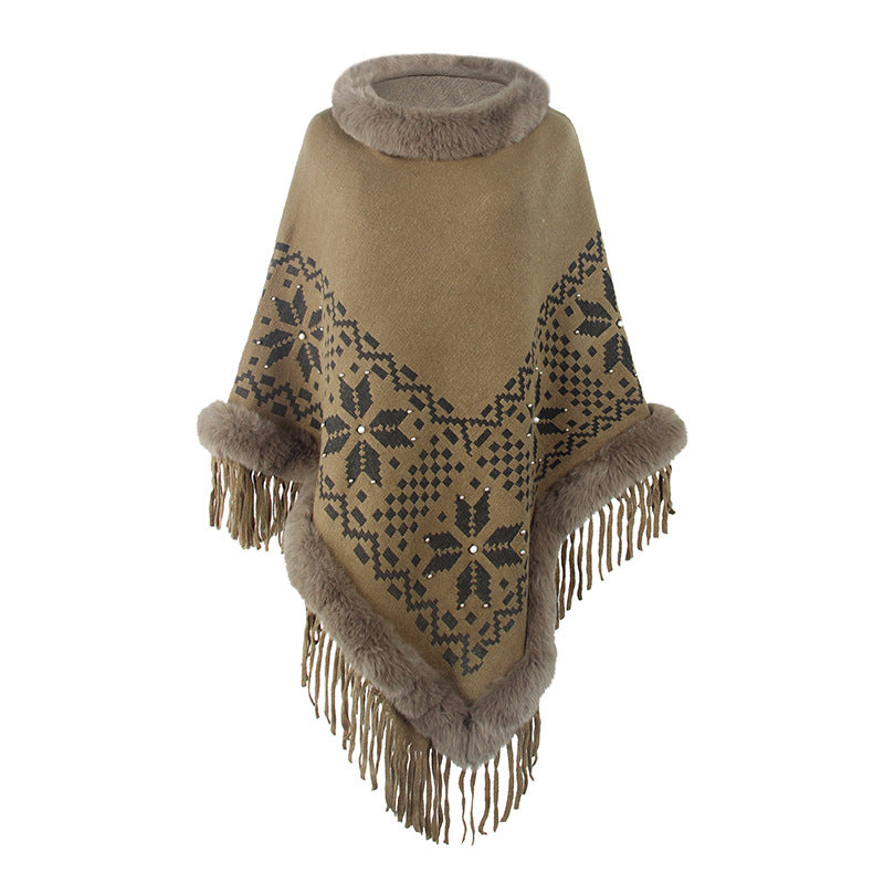 Damen eleganter Poncho mit dekorativem Fransen-Design und Kunstfellbesatz R&B