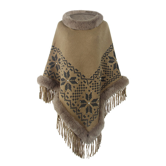 Damen eleganter Poncho mit dekorativem Fransen-Design und Kunstfellbesatz R&B