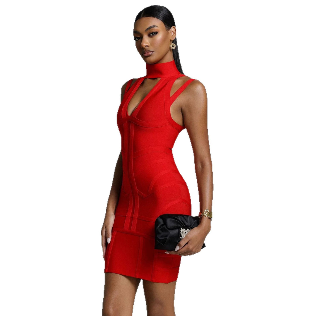 Damen Figurbetontes Minikleid mit hochgeschlossenem Ausschnitt und raffinierten Cut-Outs R&B