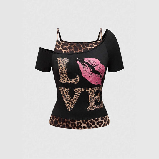Damen Off-Shoulder Top mit Leopardenmuster und auffälligem Grafikdesign R&B