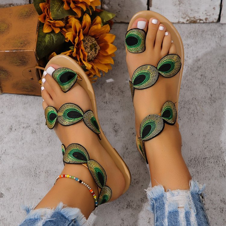 Damen Sandalen mit exzentrischem Design und bunten Federn R&B