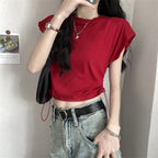 Damen Cropped T-Shirt mit verstellbarem Kordelzug und modischen Puffärmeln