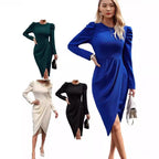 Damen elegantes Wickelkleid mit Puffärmeln und asymmetrischem Saum R&B