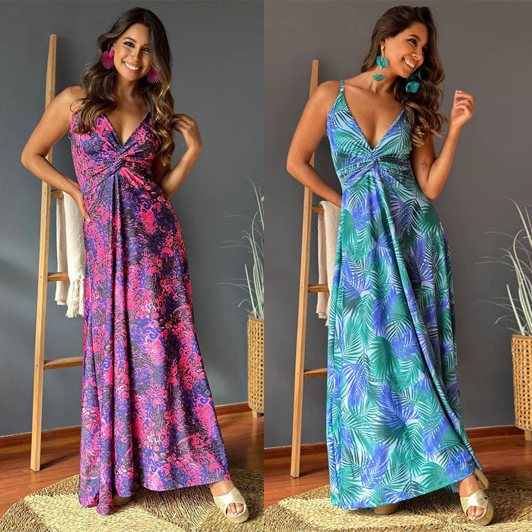 Damen Maxikleid mit tiefem V-Ausschnitt und kreativem Wickeldetail R&B