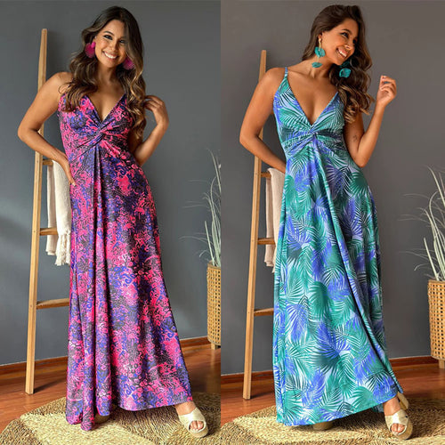 Damen Maxikleid mit tiefem V-Ausschnitt und kreativem Wickeldetail R&B