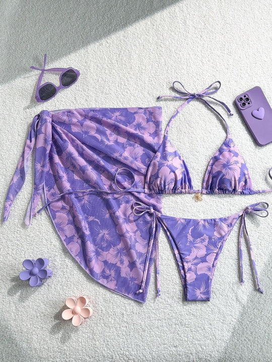 Damen Triangel-Bikini-Set mit verstellbaren Trägern und Wickeltuch R&B