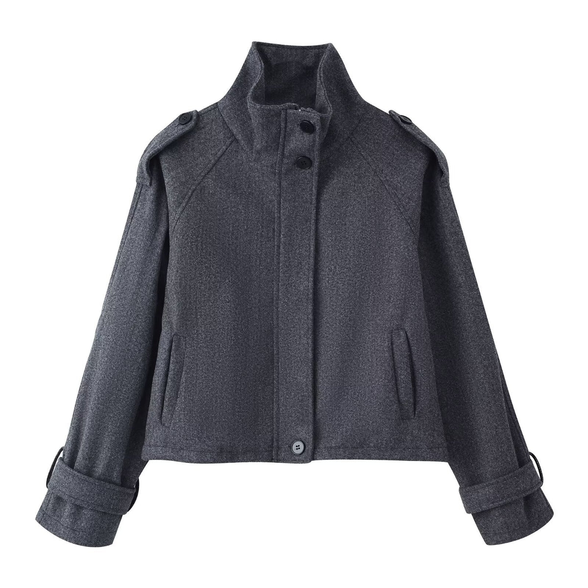 Damen nan kurze Wolljacke mit Stehkragen, Schulterklappen, verdeckter Knopfleiste und verstellbaren Manschetten R&B
