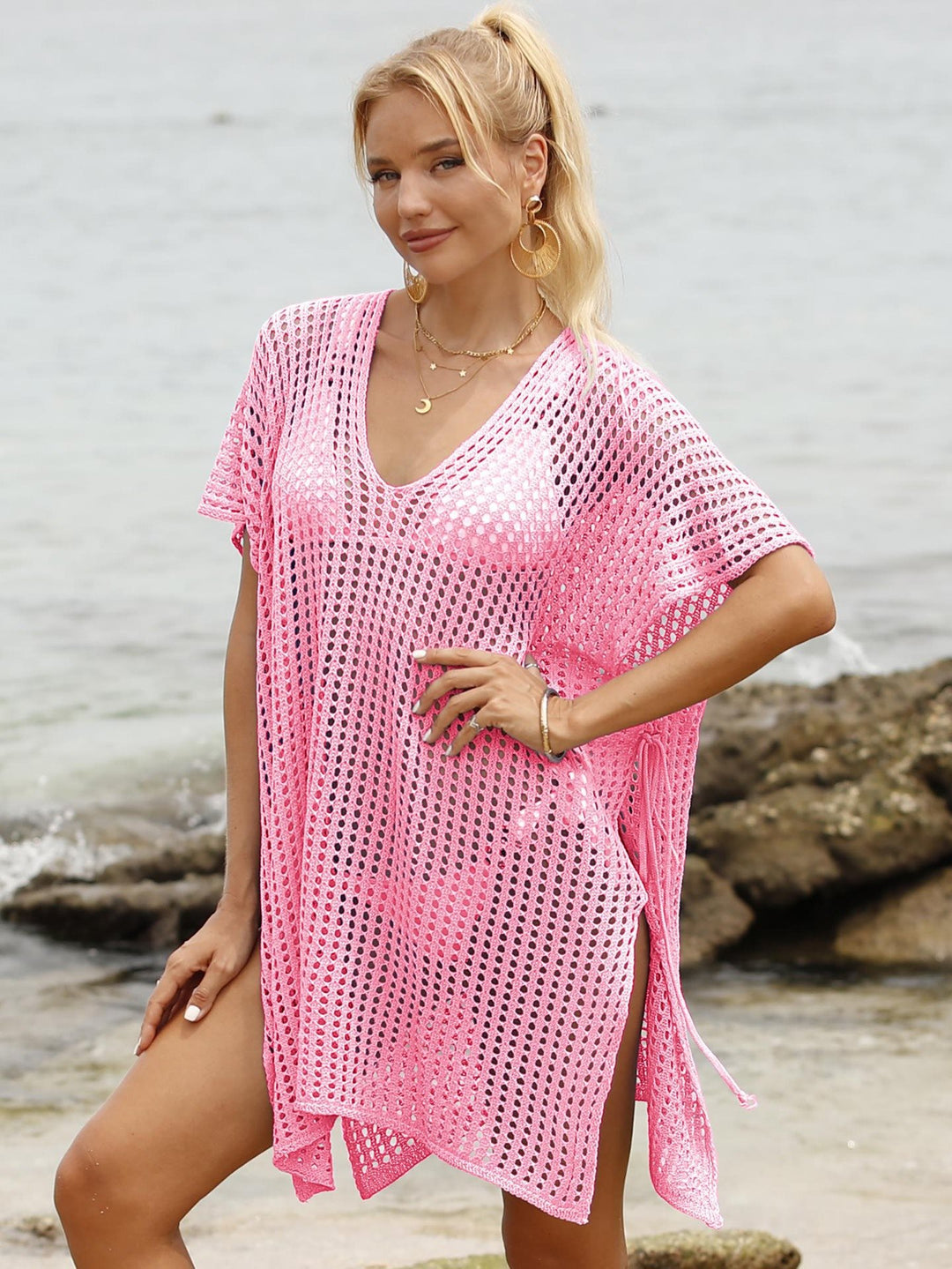 Damen luftige Häkel-Strandtunika mit tiefem V-Ausschnitt und Seitenschlitzen R&B