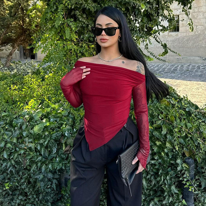 Damen elegantes Wickelshirt mit schulterfreiem Design und transparenten Ärmeln R&B
