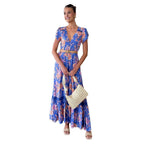 Damen Maxikleid mit tiefem V-Ausschnitt und romantischem Blumenmuster R&B