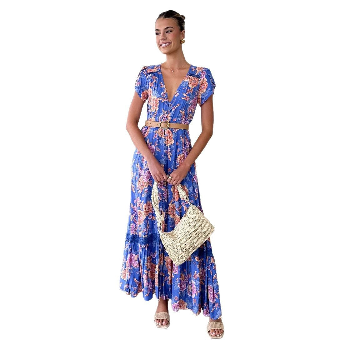 Damen Maxikleid mit tiefem V-Ausschnitt und romantischem Blumenmuster R&B