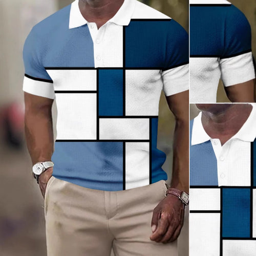 Herren nan kurzärmeliges Poloshirt mit geometrischem Blockmuster und feinem Strukturpiqué R&B