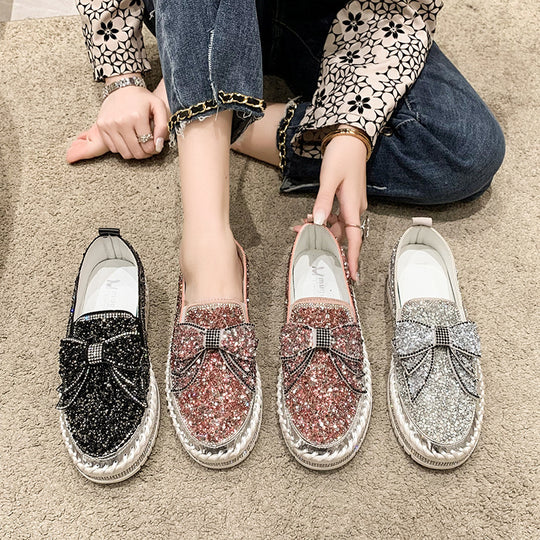 Damen Glitzernde Slip-On Sneakers mit dekorativem Schleifen- und Strass-Detail R&B