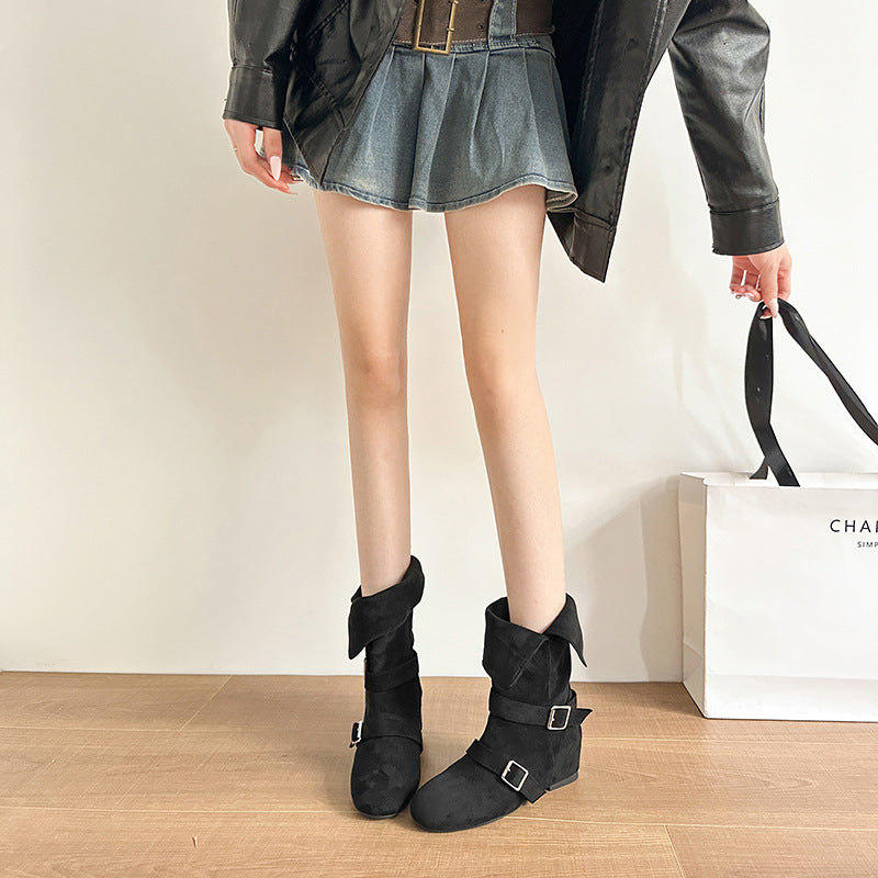 Damen Modische Ankle Boots mit ausgefallenem Klappdesign und dekorativen Schnallen R&B