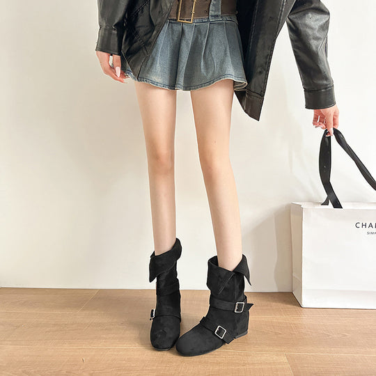 Damen Modische Ankle Boots mit ausgefallenem Klappdesign und dekorativen Schnallen R&B