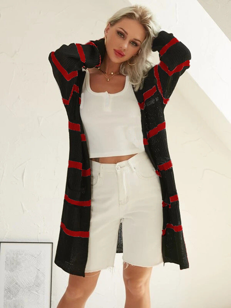Damen Langer Strickcardigan mit Streifenmuster und offenem Design R&B