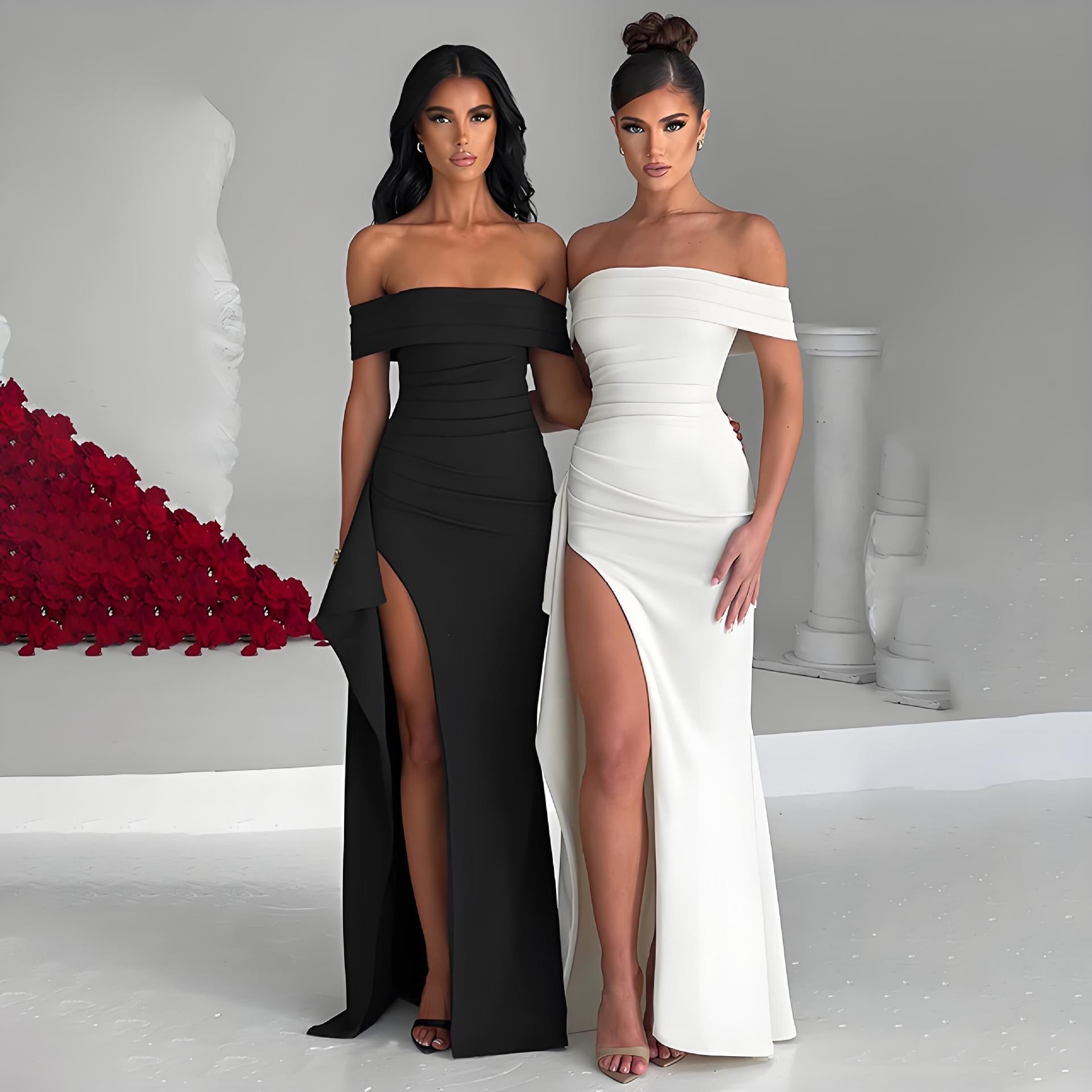 Damen Off-Shoulder Maxikleid mit elegantem Schlitz und figurformendem Schnitt R&B