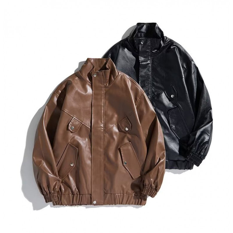Damen modische Kunstlederjacke mit praktischen Taschen und hohem Kragen