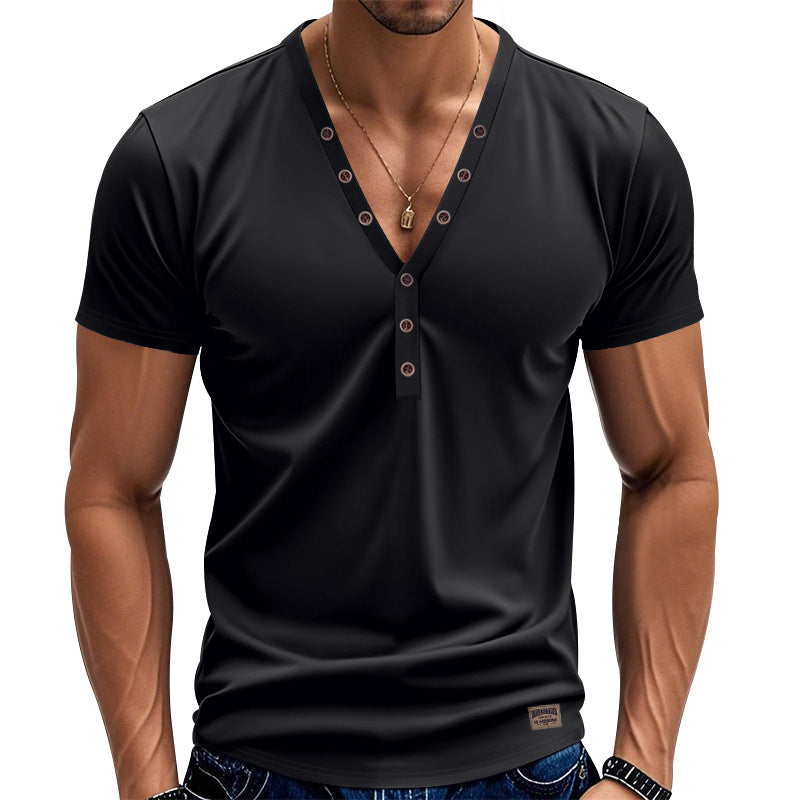 Herren nan tailliertes Kurzarm-Henleyshirt aus Baumwoll-Elasthan mit tiefem V-Ausschnitt und dekorativer Knopfleiste R&B