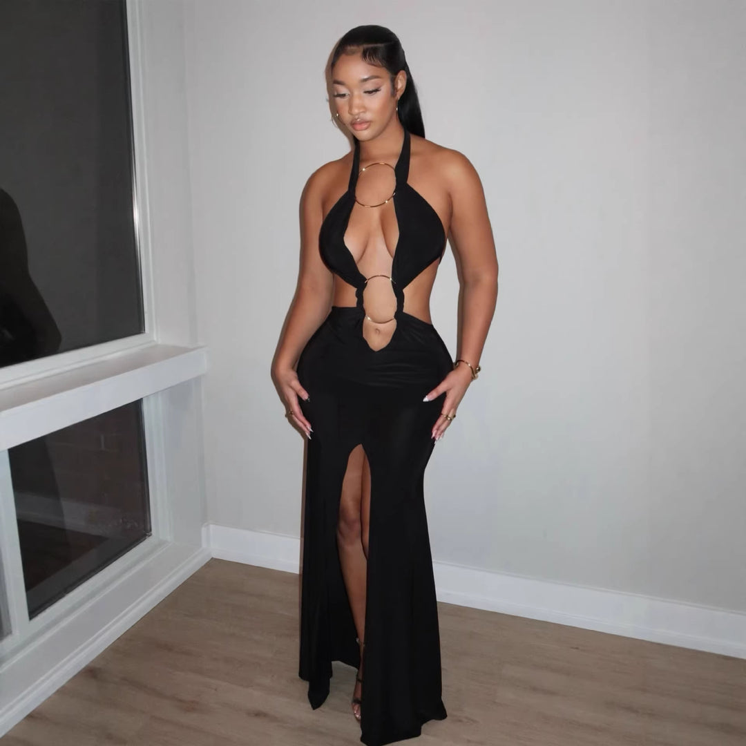 Damen aufregendes Maxikleid mit tiefem V-Ausschnitt und eleganten Raffungselementen R&B