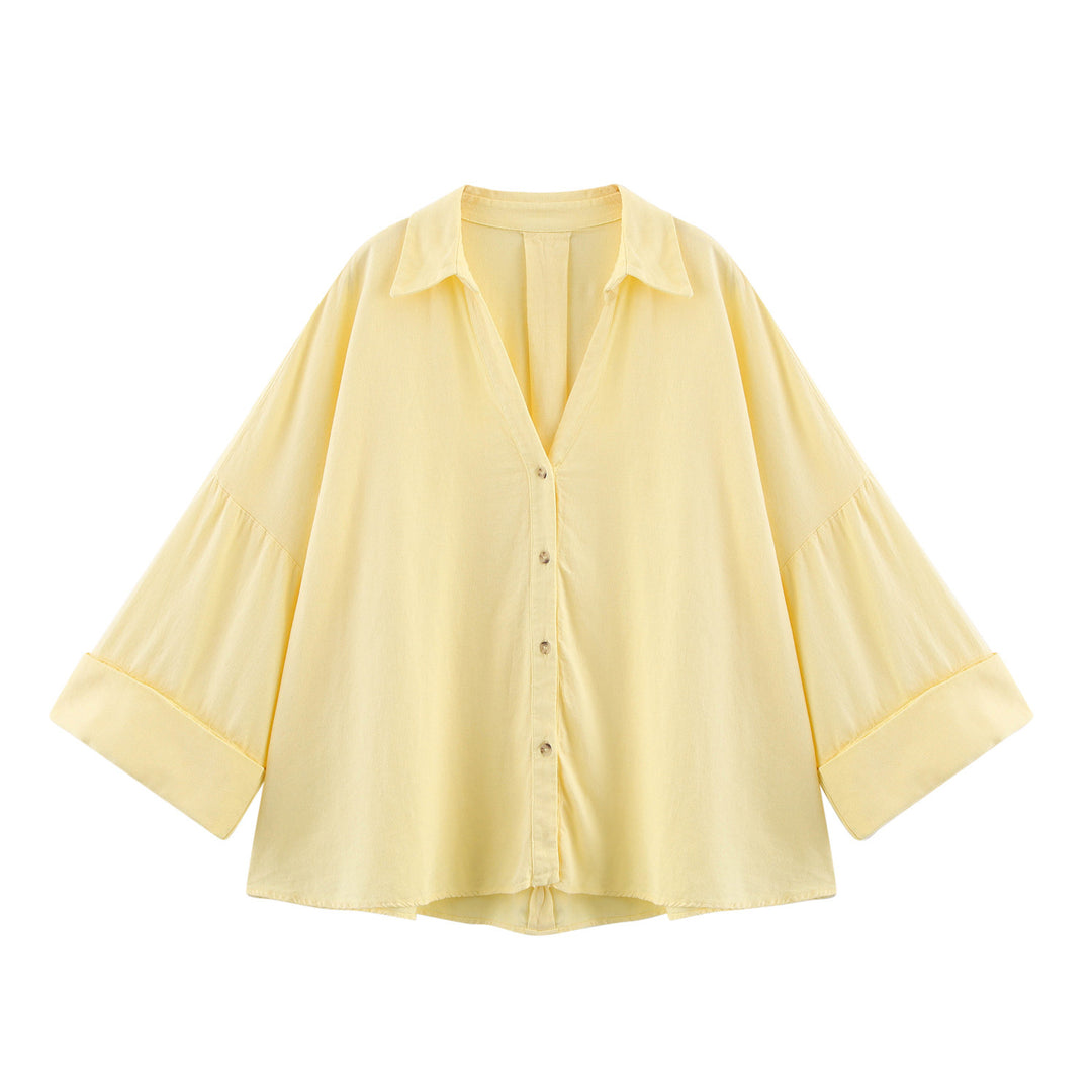 Damen lässige Bluse mit voluminösen Ärmeln und durchgehender Knopfleiste R&B
