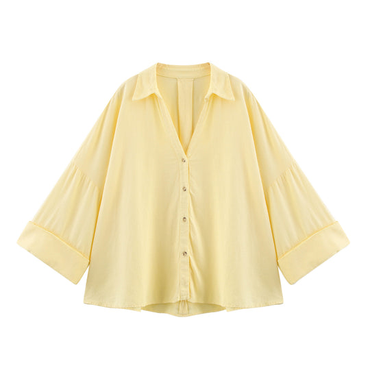 Damen lässige Bluse mit voluminösen Ärmeln und durchgehender Knopfleiste R&B