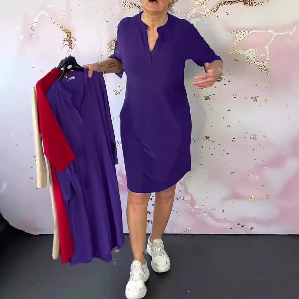 Damen nan legeres knielanges Shiftkleid aus elastischem Jersey mit Stehkragen und V-Ausschnitt R&B
